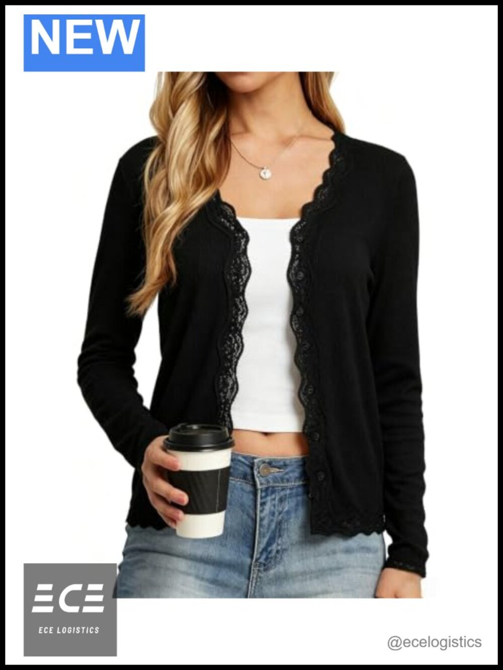 Lace Cardigan Button Down V Neck Lightweight Viscose Blend Cropped